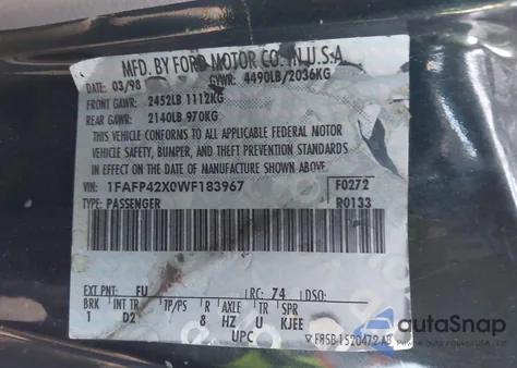 1998 Ford Mustang Gt z USA, uszkodzony, nr VIN 1FAFP42X0WF183967